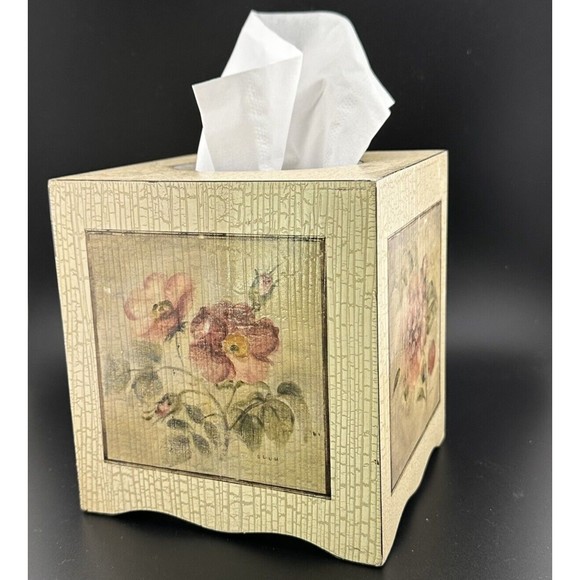 Unknown Bath Vintage Square Tissue Box Holder Wooden Cheri Blum Antique Rose Cover Dispenser